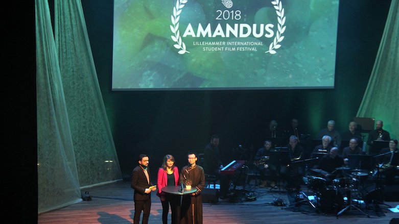 Shamal Sabri (left) and Bina Qeredaxi (middle) are joined on stage by Chinese cultural activist Li Dan as members of the jury for the Amandus international film festival in Norway. (Photo: Duhok IFF)