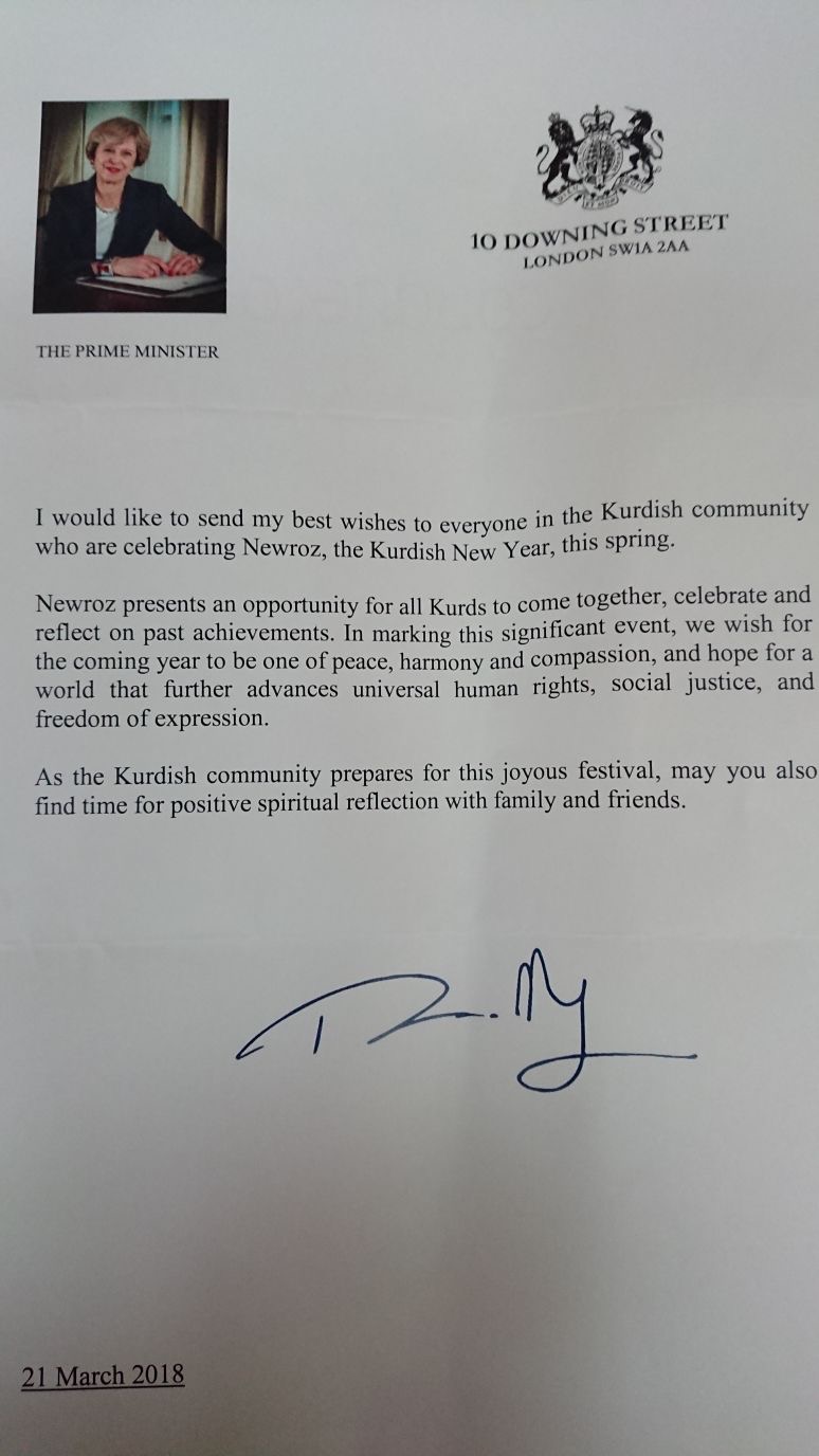 British Prime Minister Theresa May congratulates the Kurdish community for celebrating Newroz, Kurdish New Year.