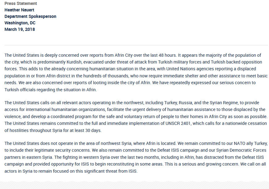 State Department Spokesperson Heather Nauert's statement on developments in Afrin.