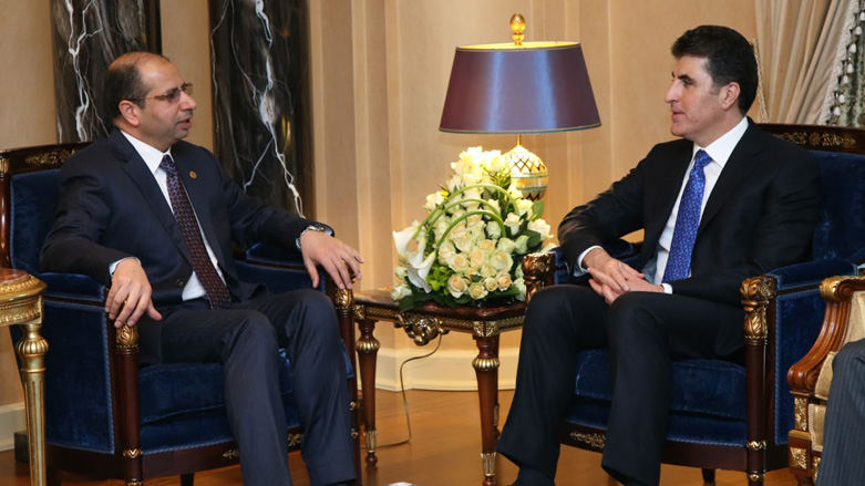 Iraqi Parliamentary Speaker Salim al-Jabouri (L) met with the Prime Minister of the Kurdistan Region Nechirvan Barzani, April 8, 2018. (Photo: KRG)