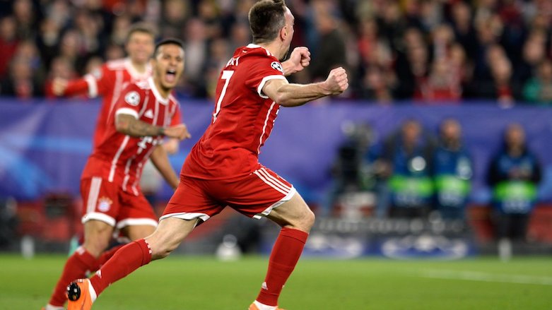 Bayern Munich's Franck Ribery wheels away in celebration after his deflected shot brought his team level in the game against Sevilla, April 3, 2018. (Photo: UEFA)