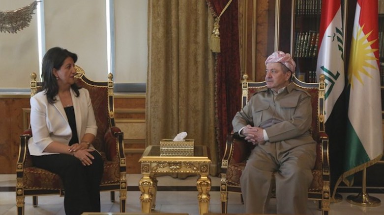 Turkey's pro-Kurdish Peoples' Democratic Party (HDP) Co-leader Pervin Buldan (L) in a meeting with the former President of the Kurdistan Region Masoud Barzani, Pirmam, Erbil, April 7, 2018. (Photo: Pool)
