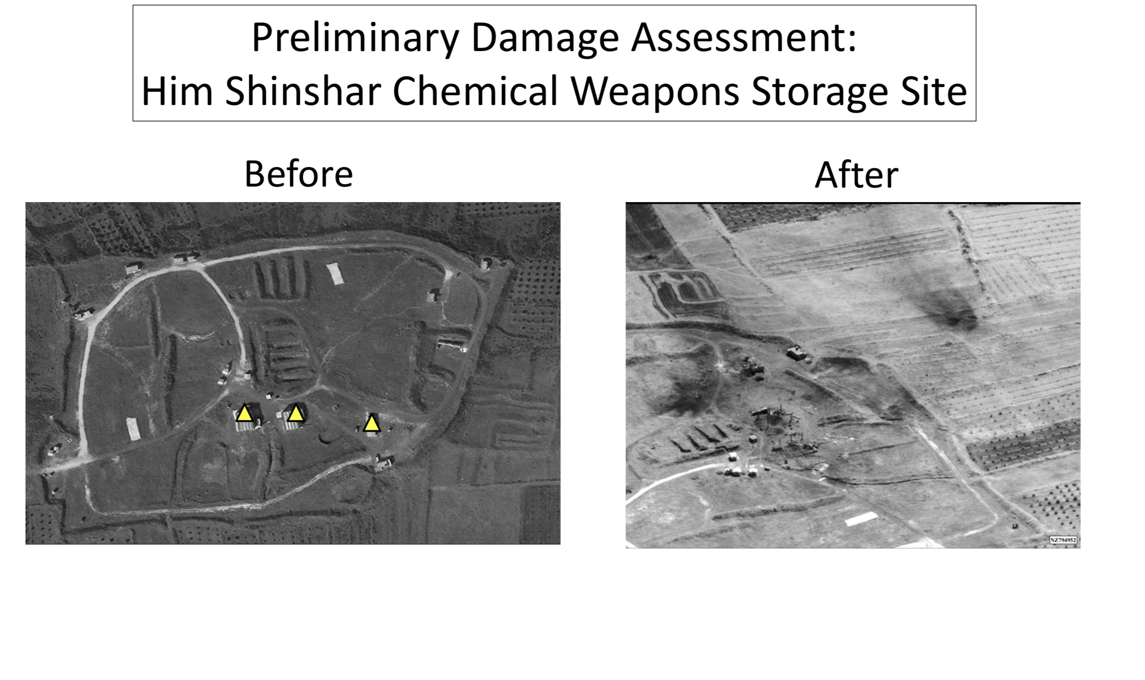 Preliminary Damage Assessment: US strikes on Him Shinshar chemical weapons storage site. (Photo: US Department of Defense)