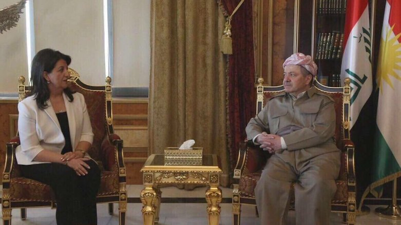 HDP Co-leader Pervin Buldan during a meeting with former Kurdistan Region President Masoud Barzani, Erbil, Kurdistan Region, April 7, 2018. (Photo: Social Media)