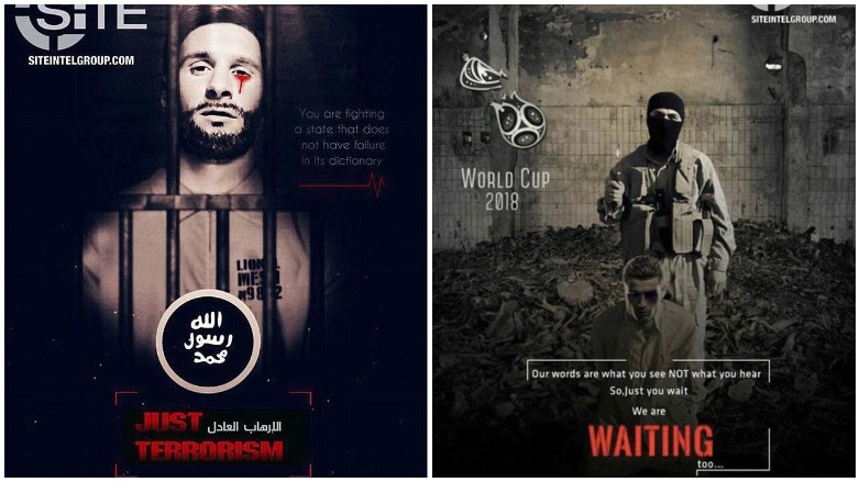 Just months ago, IS issued a chilling threat to carry out a terror attack at the World Cup with a poster of Lionel Messi crying blood. (Photo: SITE)