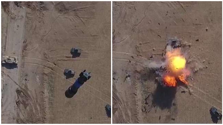 A photo of a drone exploding posted to the encrypted app Telegram, used by IS militants. (Photo: Social Media)