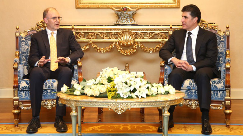 US Ambassador to Iraq Douglas Silliman (L) met with the Kurdistan Region's Prime Minister Nechirvan Barzani (R) in Erbil. April 10, 2018. (Photo: KRG)