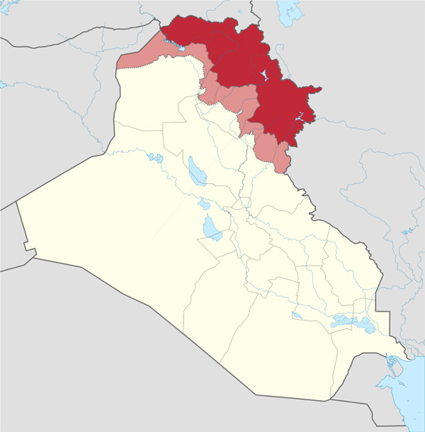A map of Iraq with the middle region (in pink) representing the disputed territories between the Iraqi government and the Kurdistan Regional Government. (Photo: Wikipedia)