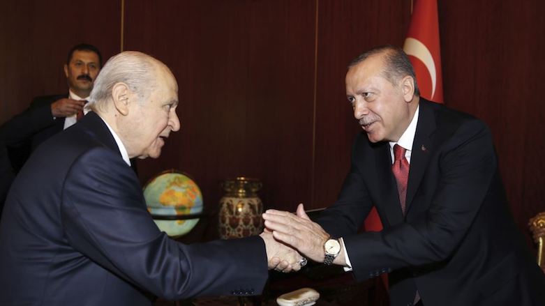Turkey's President Recep Tayyip Erdogan (right) shakes hands with Devlet Bahceli, the leader of opposition Nationalist Movement Party (MHP) during a meeting in Ankara, Turkey, Oct. 1, 2017. (Photo: Associated Press)