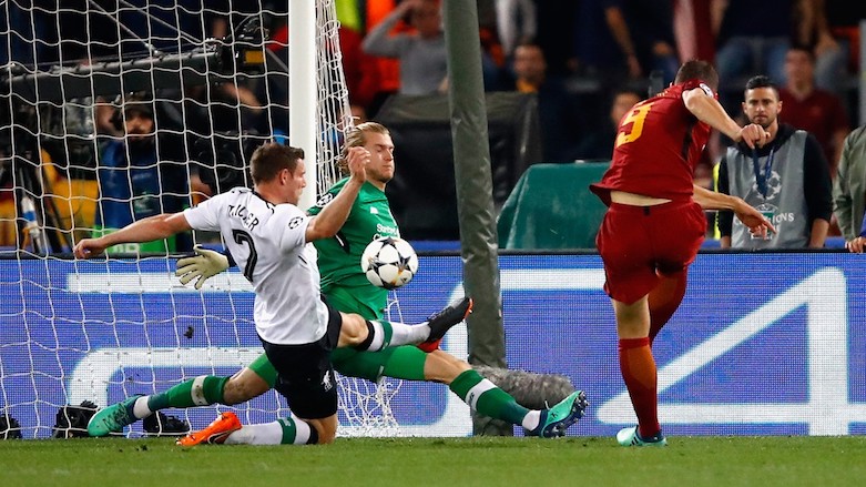 Edin Dzeko scores for Roma against Liverpool in the UEFA Champions League semifinal second-leg match at the Stadio Olimpico in Rome, Italy, May 2, 2018. (Photo: UEFA)