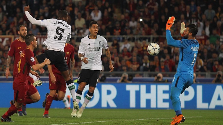 Georginio Wijnaldum heads home his team's second goal in their UEFA Champions League semifinal second-leg match at the Stadio Olimpico in Rome, Italy, May 2, 2018. (Photo: UEFA)