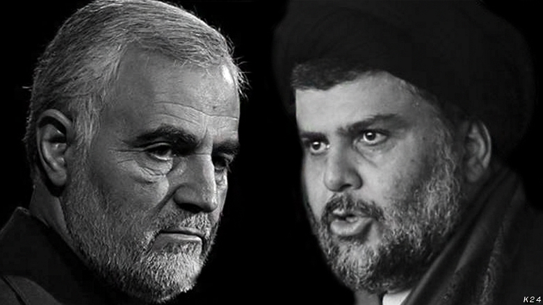 قائد المهمات الخارجية في الحرس الثوري الايراني قاسم سليماني من يسار الصورة والى اليمين زعيم التيار الصدري مقتدى الصدر - صورتان حررتهما كوردستان 24 نقلا عن وكالة فارس وموقع الصدر