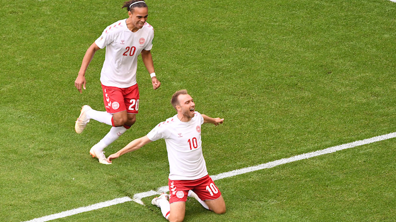 Denmark's midfielder Christian Eriksen (right) celebrates after scoring the opening goal during the 2018 World Cup Group C football match between Denmark and Australia at the Samara Arena in Samara, Russia, on June 21, 2018. (Photo: AFP/Emmanuel Dunand)