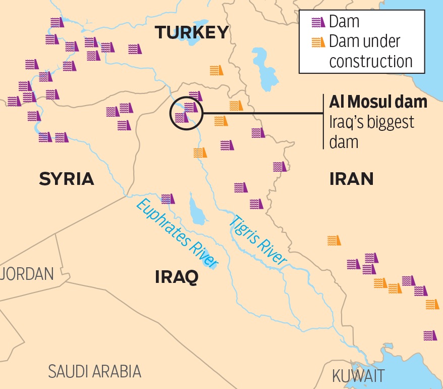 A map shows the dams located in Iraq, Turkey, and Iran. (Source: Gulf News) 