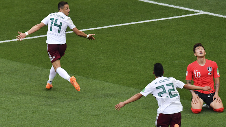 Mexico's forward Javier Hernandez (left) celebrates scoring their second goal as South Korea's defender Jang Hyun-soo (right) reacts during the 2018 World Cup Group F football match between South Korea and Mexico at the Rostov Arena in Rostov-On-Don, Russia, on June 23, 2018. (AFP/Pascal Guyot)