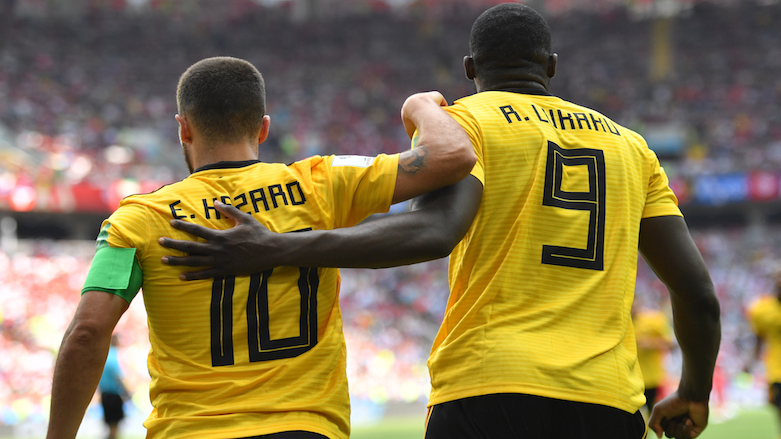 Belgium’s captain Eden Hazard celebrates his second goal with striker Romelu Lukaku during the 2018 World Cup Group G football match between Belgium and Tunisia at the Spartak Stadium in Moscow, Russia, on June 23, 2018. (Photo: AFP/Yuri Cortez)