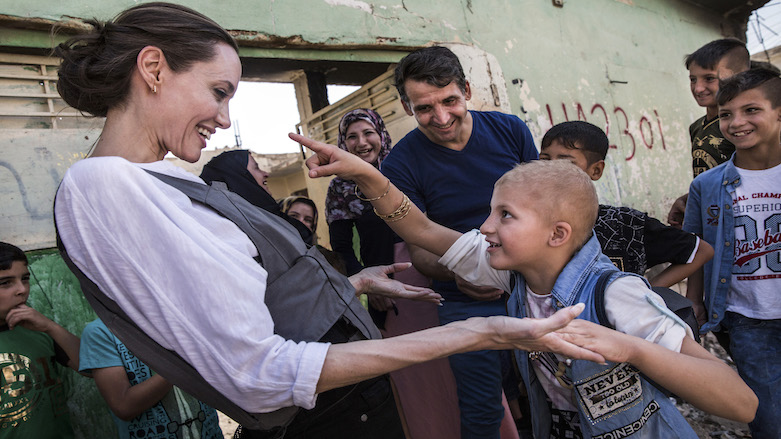 UNHCR Special Envoy Angelina Jolie meets Falak, 8, during a visit to West Mosul, on June 16, 2018. (Photo: AFP/UNHCR/Andrew McConnell)