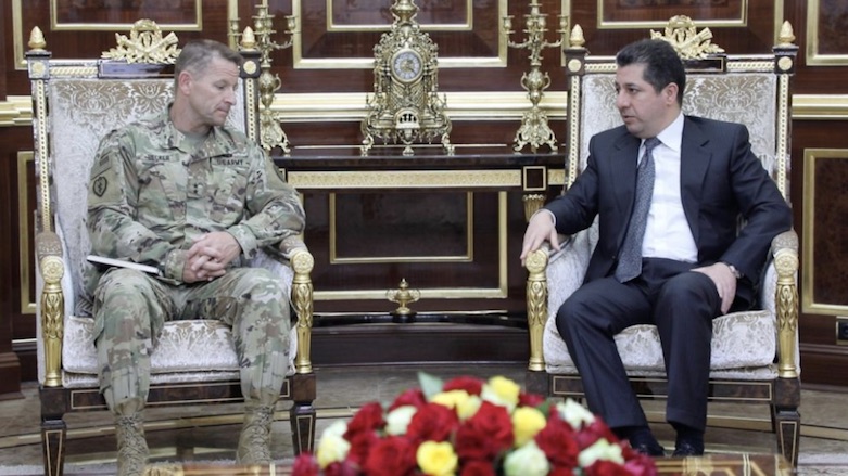Kurdistan Region Security Council Chancellor Masrour Barzani during his meeting with outgoing Chief of Office Security Cooperation – Iraq (OSC-I) Major General Bradley Becker (left) in Erbil, Kurdistan Region, June 9, 2018. (Photo: KRSC)