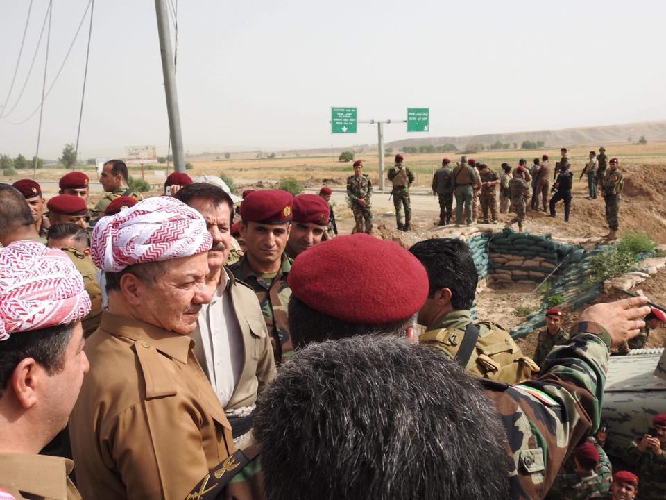 KDP President Masoud Barzani and an accompanying military delegation visit Peshmerga near the town of Perde (Altun Kupri), north of Kirkuk, on June 16, 2018. 
