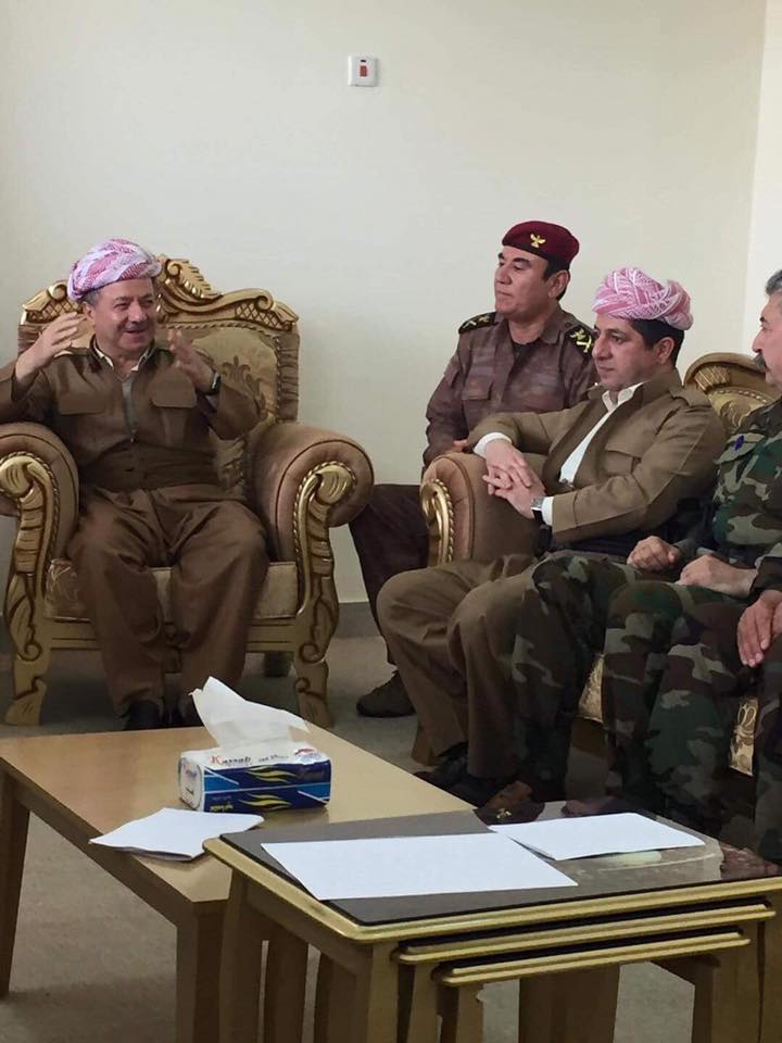 KDP President Masoud Barzani and an accompanying military delegation visit Peshmerga near the town of Perde (Altun Kupri), north of Kirkuk, on June 16, 2018. 