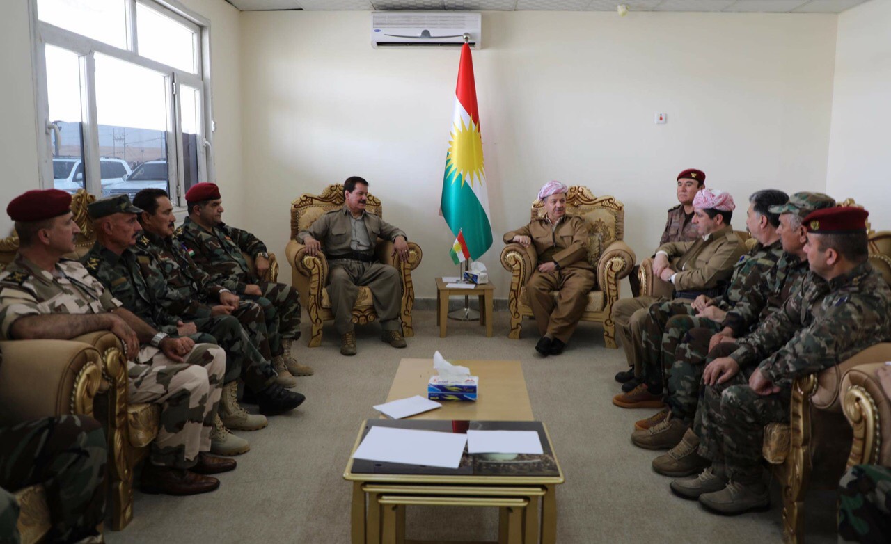 KDP President Masoud Barzani and an accompanying military delegation visit Peshmerga near the town of Perde (Altun Kupri), north of Kirkuk, on June 16, 2018.