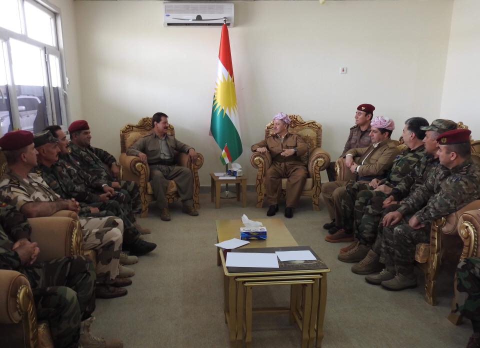 KDP President Masoud Barzani and an accompanying military delegation visit Peshmerga near the town of Perde (Altun Kupri), north of Kirkuk, on June 16, 2018.