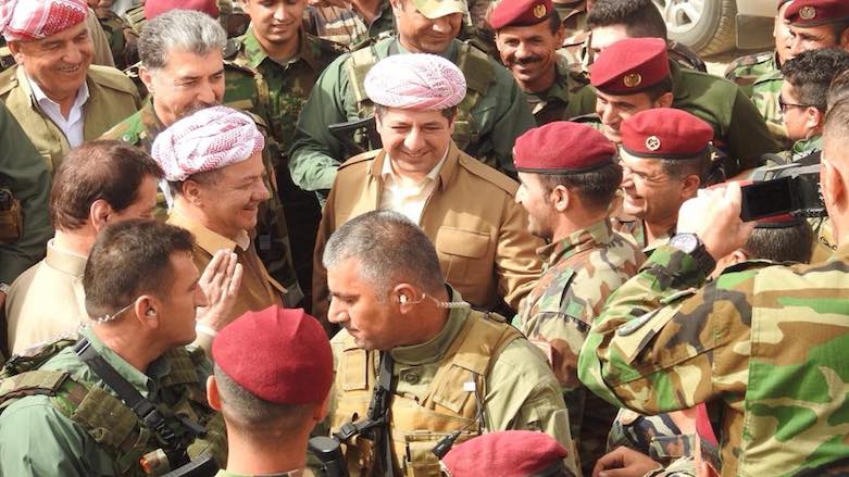 KDP President Barzani as well as KRSC Chancellor Masrour Barzani visit Peshmerga near the town of Perde, June 16, 2018. 