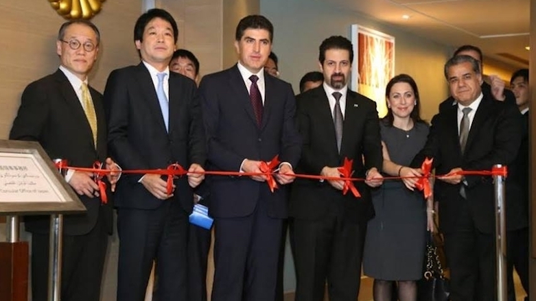 Japan's Ambassador to Iraq Fumio Iwai (left) and Kurdistan Region Prime Minister Nechirvan Barzani (third from left) attend the opening ceremony of Japan’s Consular Office in Erbil.