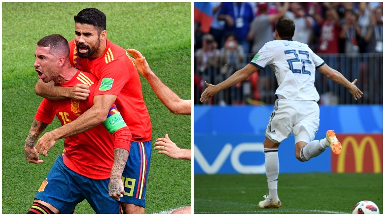 Spain's Sergio Ramos (left) celebrates the opening goal, an own goal; Russia's Artem Dzyuba wheels away after scoring the equalizer, Moscow, Russia, July 1, 2018. (Photo: AFP) 