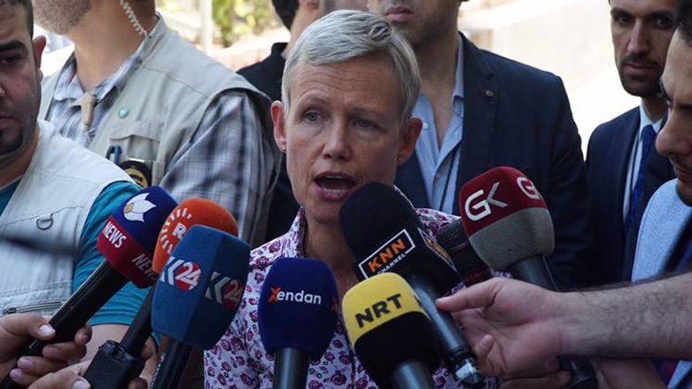 Alice Walpole during an interview with Kurdish Media at the location of the manual recount in Sulaimani Province, July 10, 2018. (Photo: Ibrahim Fatah)