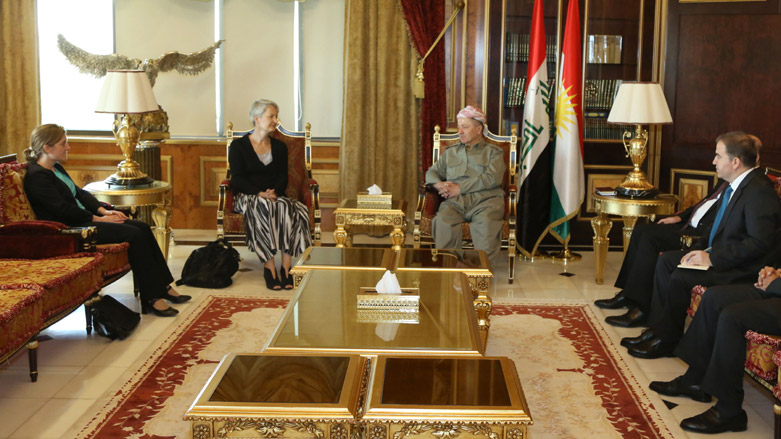 The new German Consul General Barbara Wolf (L) meets former President of the Kurdistan Region Masoud Barzani (R) in Erbil, Aug, 8, 2018. (Photo: Masoud Barzani's Press Office)