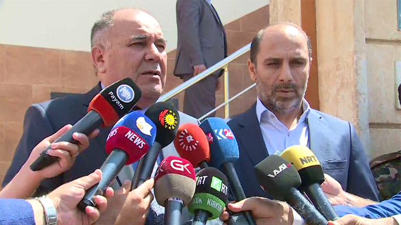 Patriotic Union of Kurdistan (PUK) Spokesperson Saadi Ahmed Pira (L) speaks to reporters alongside Kurdistan Islamic Group (Komal) leader Abdul-Sattar Majid (R), Erbil, Aug. 29, 2018. (Photo: Kurdistan 24)