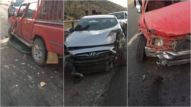Pictures of a three-car collission in the Khalifan subdistrict in Erbil Province in which six people were injured, one in critical condition. (Photo: Social Media)