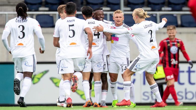 Dalkurd players celebrate in their 3-0 win over Östersund on April 8, 2018, their first victory in Sweden's Allsvenskan league. (Photo: Andreas Sandströms)