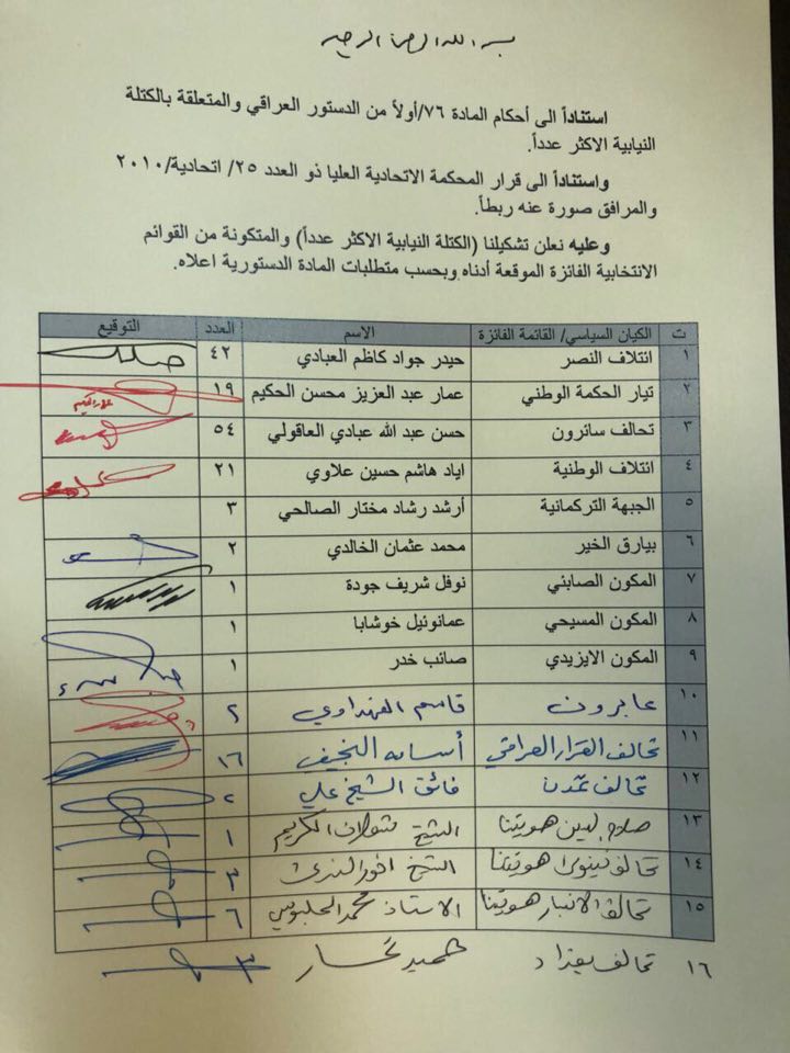 A document shows 16 political parties, coalitions, and Members of Parliament joining the formation of the largest parliamentary bloc to form the new Iraqi government. 