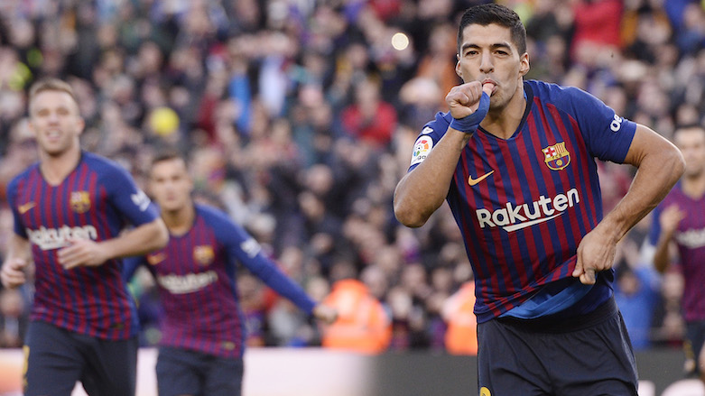 Barcelona's Uruguayan forward Luis Suarez celebrates a goal during the Spanish league football match between Barcelona and Real Madrid at the Camp Nou stadium in Barcelona on Oct. 28, 2018. (Photo: AFP/Josep Lago)