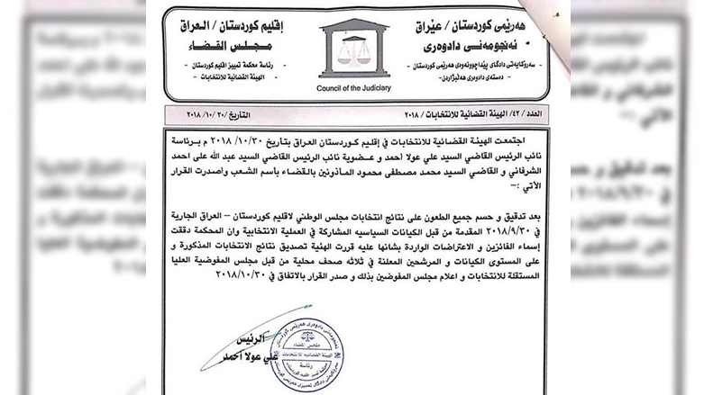 نص قرار المصادقة على النتائج النهائية لانتخابات اقليم كوردستان