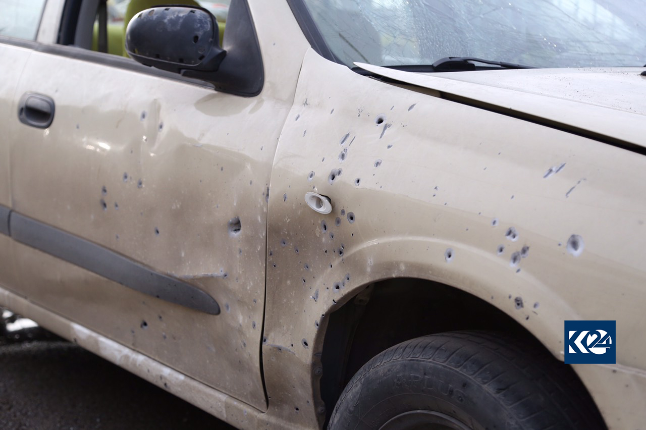 A more close-up picture showing a taxi that was substantially damaged during the shooting on a women's protection office in the city of Sulaimani on Nov. 28, 2018. (Photo: Ibrahim Fatah/ Kurdistan 24)