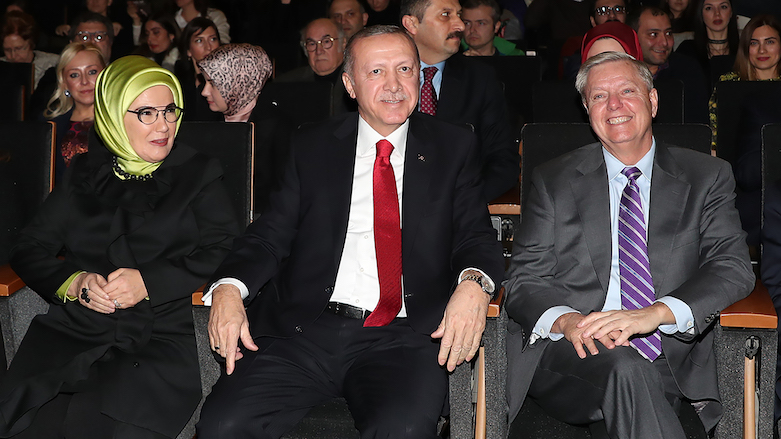 Sen. Lindsey Graham (right) attends a concert with Turkish President Recep Tayyip Erdogan (middle) and his wife, Jan. 18, 2019. (Photo: AFP/Turkish Presidential Press Service)
