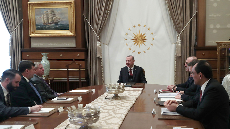 Sen. Lindsey Graham (top-left) during a meeting with Turkish President Recep Tayyip Erdogan (center) and other Turkish officials, Ankara, Turkey, Jan. 18, 2019. (Photo: AFP/Turkish Presidential Press Service)