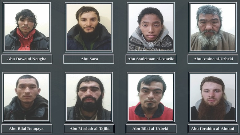 A photo the YPG Press Office released which shows the captured foreign IS militants. 