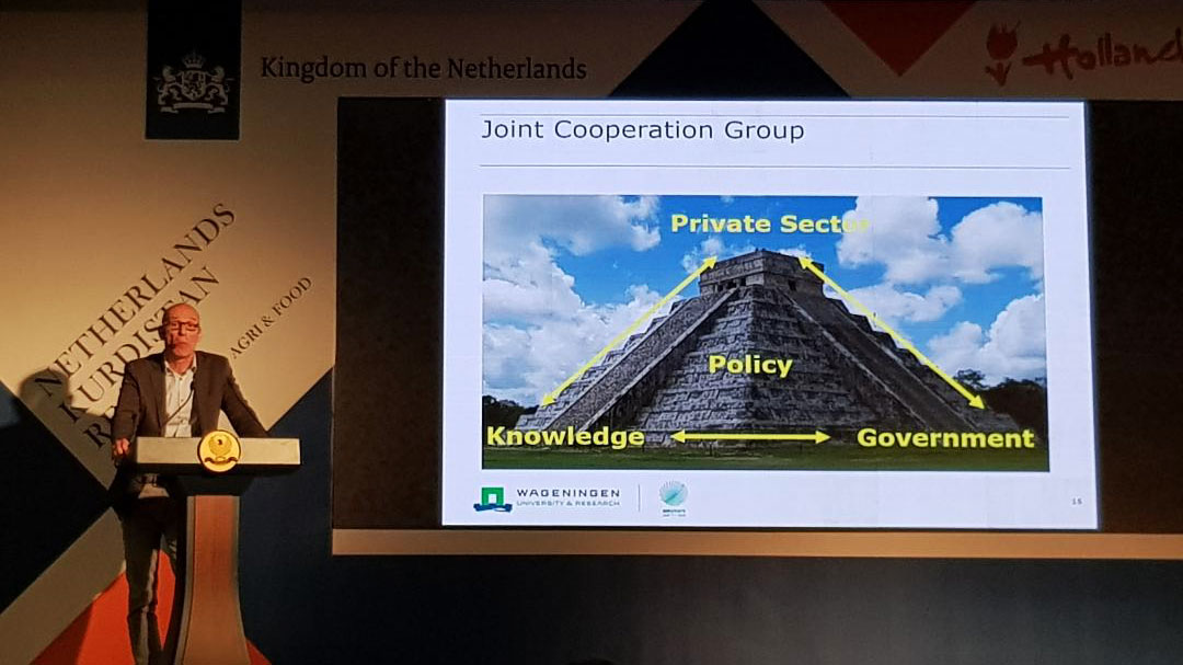 Joost Jongerden, Assistant Professor of Rural Sociology at Wageningen University, talks about agricultural opportunities at Monday's conference in Erbil, Feb. 18, 2019. (Photo: Kurdistan 24)
