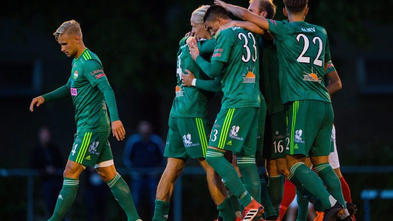 Dalkurd FF players celebrate after Leonard Pllana scores the winner against Karlbergs BK in extra time, the goal that took Dalkurd to the Svenska Cupen group stage, Aug. 21, 2018. (Photo: Bildbyrån/Simon Hastegård)
