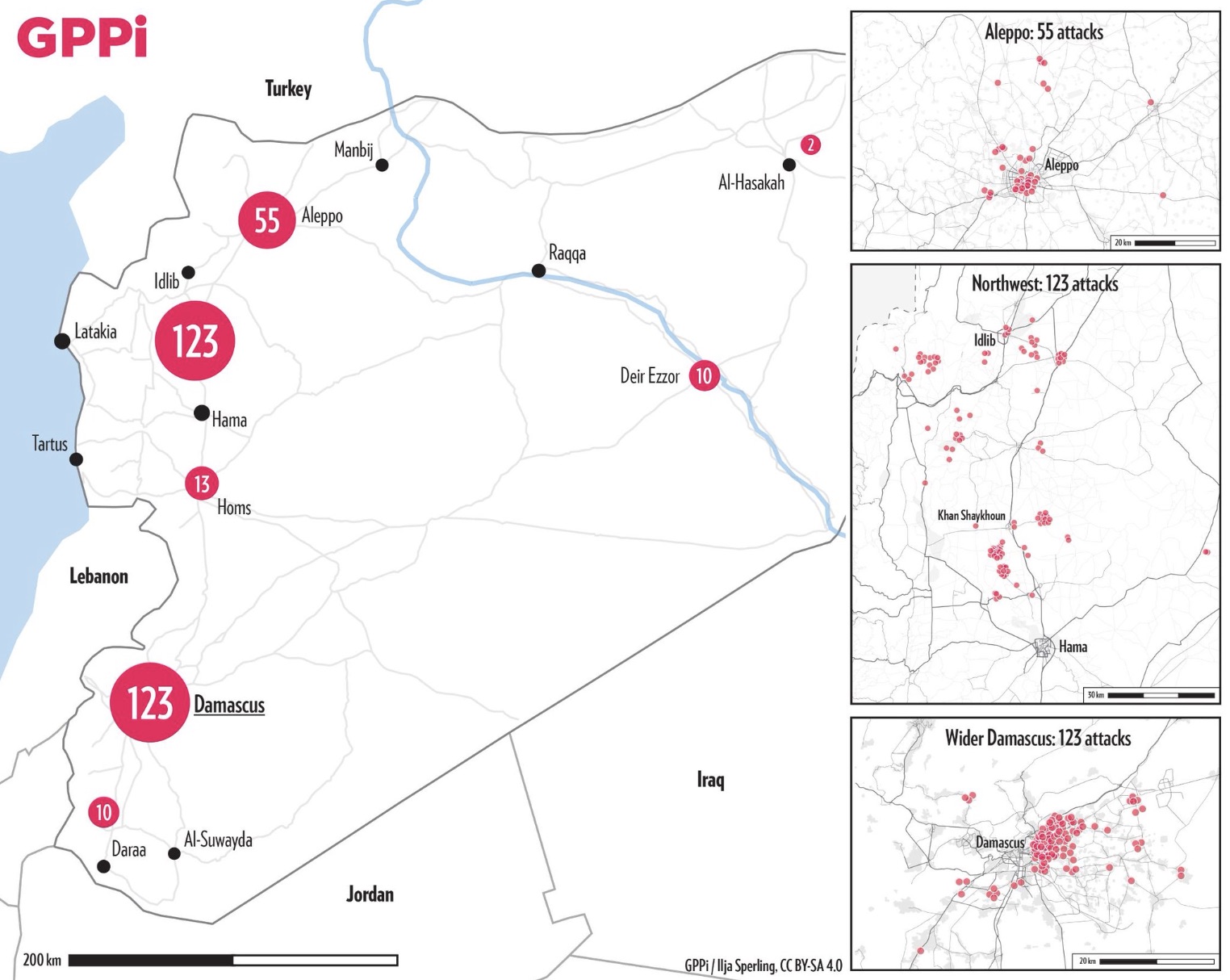 Geographical and regional distribution of 336 confirmed chemical weapons incidents in Syria (from 2012 to 2018). 