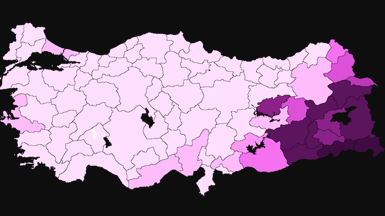A map shows the result of votes in June 2015 elections for the pro-Kurdish HDP by province, roughly corresponding to boundaries of the part of Kurdistan that falls in Turkey. Shades of purple show voting ratios. (Photo: Wikipedia Commons/Nub Cake)