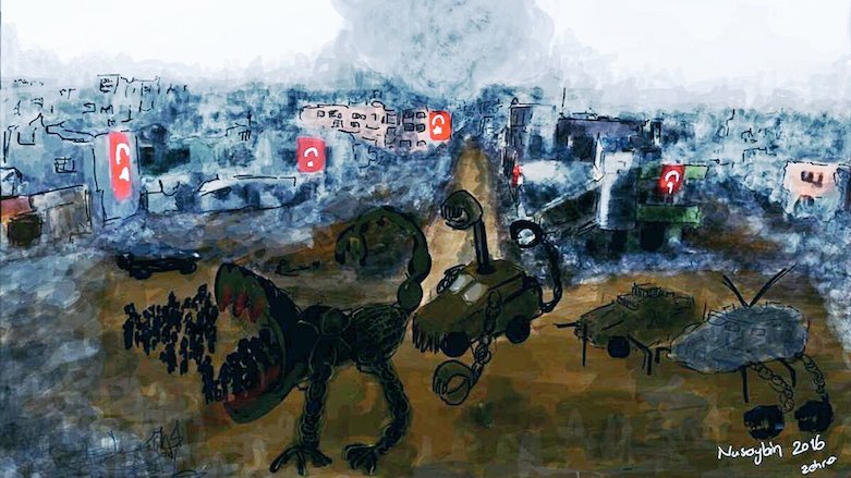 Dogan's depiction based on a photograph of destruction in the Kurdish town of Nusaybin. (Photo: Zehra Dogan)