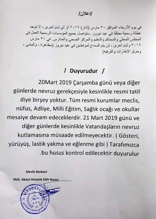 Daxuyaniya qedexekirina Newrozê