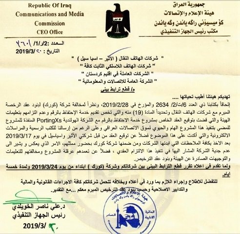 The administrative order issued by Iraq's Communication and Media Commission (CMC) on Wednesday against Korek Telecom Company.