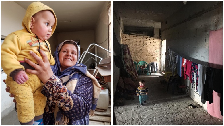 A displaced mother and her child live in a school in Deir al-Zor's countryside (left); a child displaced from regime-held areas lives in a hospital in Deir al-Zor's countryside. (Photo: Kurdistan 24/Wladimir van Wilgenburg)
