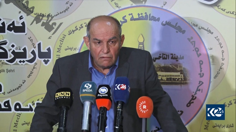 Ahmed Askari, a member of the Brotherhood bloc in Kirkuk Provincial Council (KPC) during a press conference. (Photo: Kurdistan 24)